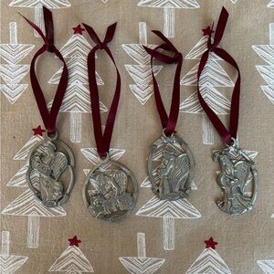 Silver Holiday Ornaments with Red Ribbon